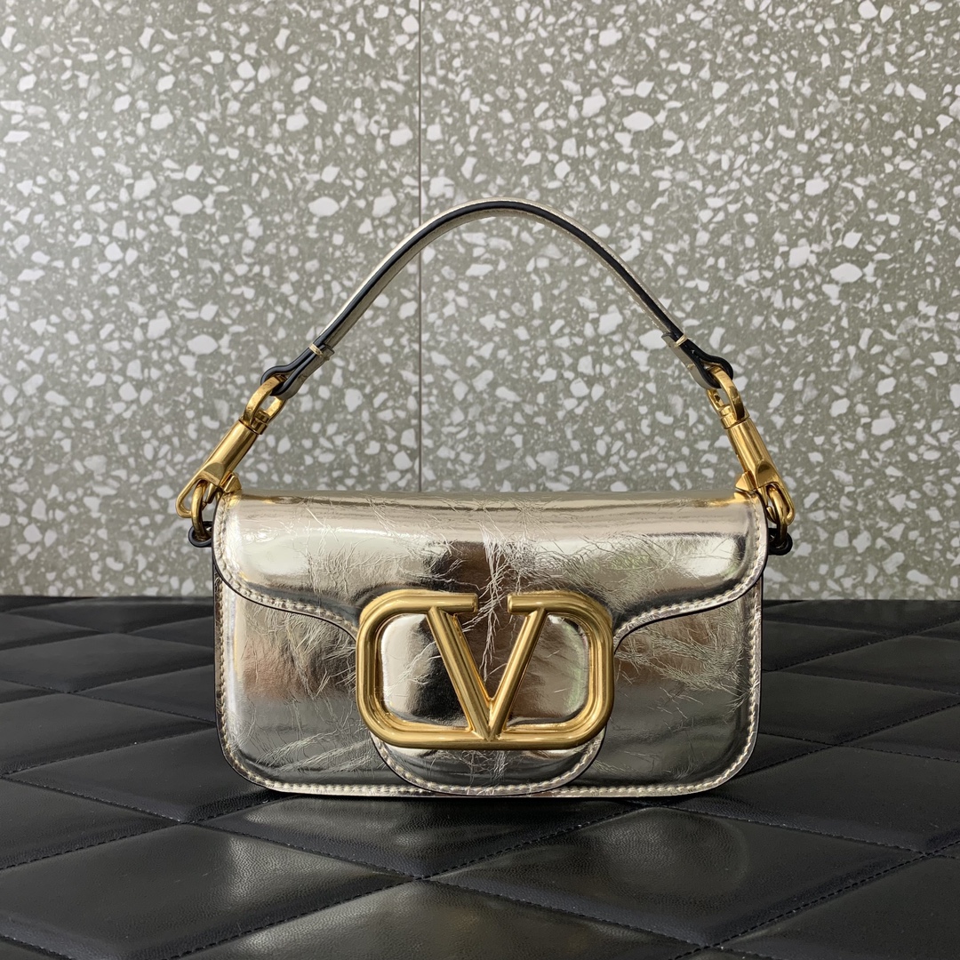 Valentino Garavani Loco Small Shoulder Bag in Gold Calfskin Leather